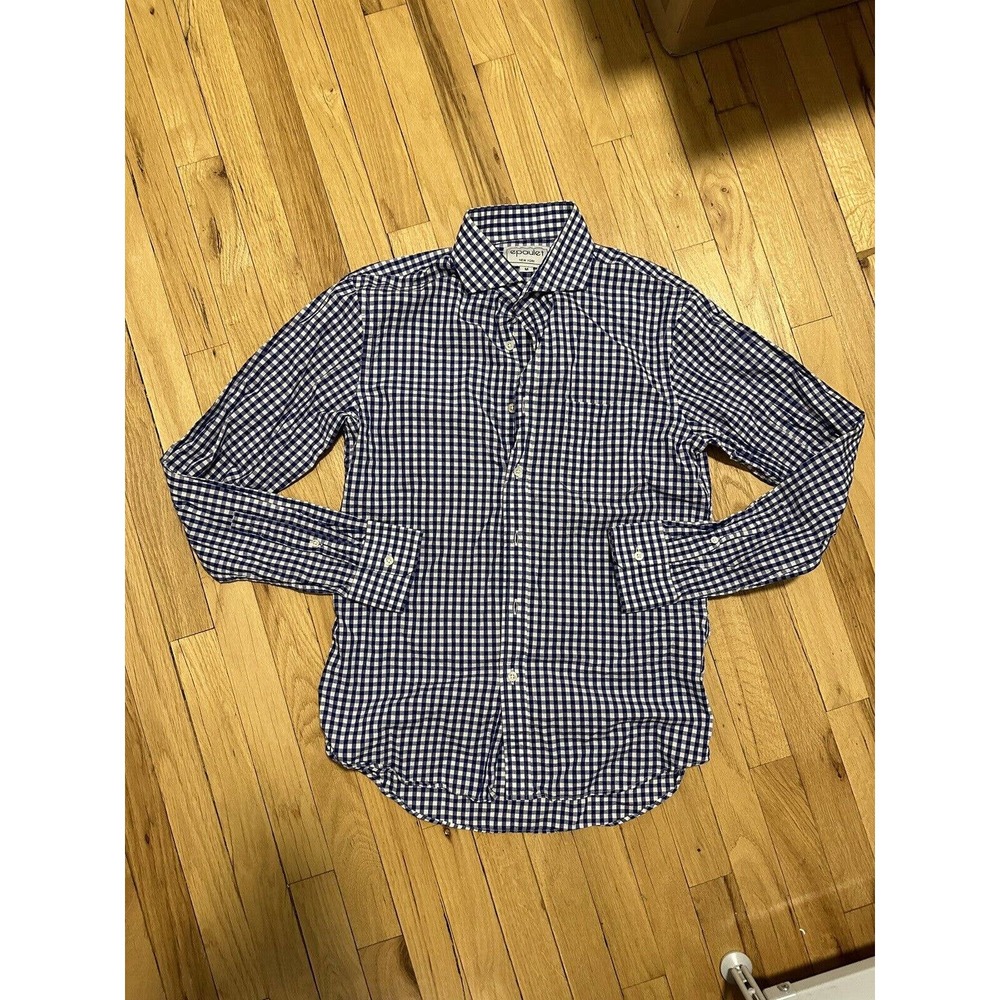 Epaulet dress shirt gingham blue white Made in USA Medium
